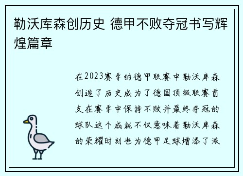 勒沃库森创历史 德甲不败夺冠书写辉煌篇章