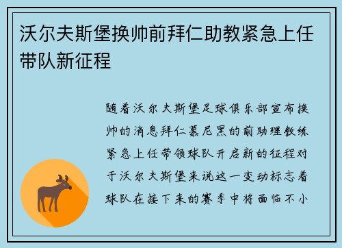 沃尔夫斯堡换帅前拜仁助教紧急上任带队新征程